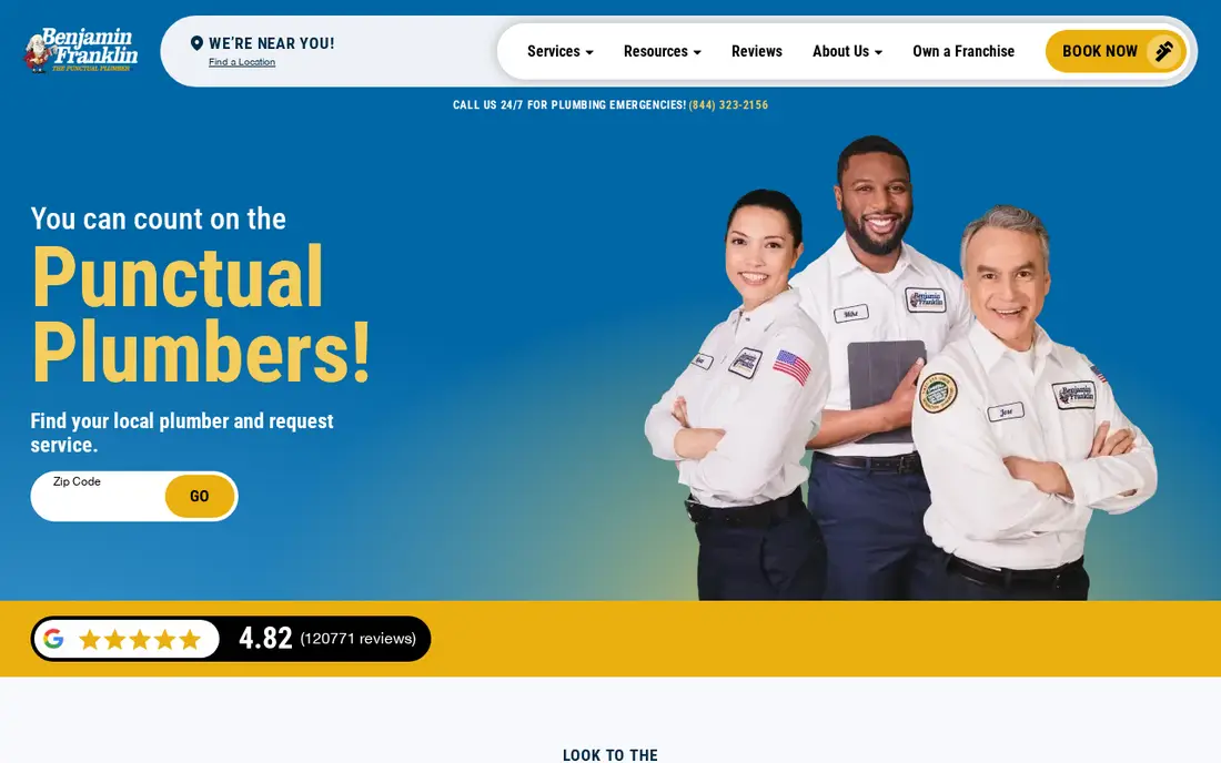 Benjamin Franklin Plumbing website home page with 24/7 phone line, zip code finder and Google review rating
