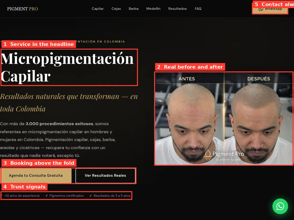 Clinic website example with booking button, before and after photos and trust signals highlighted