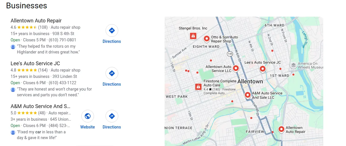 Google map results for auto repair allentown pa searched from Allentown, Pennsylvania