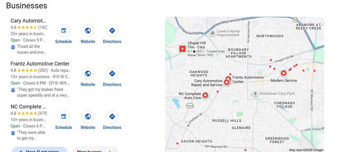 Google map results for auto repair cary nc searched from Cary, North Carolina