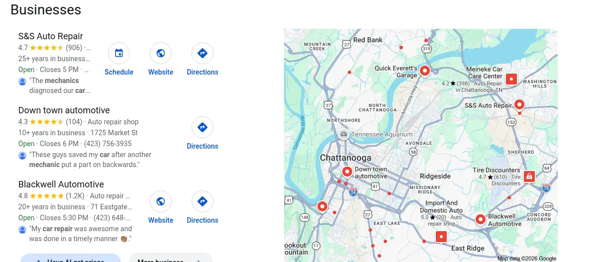 Google map results for auto repair chattanooga tn searched from Chattanooga, Tennessee