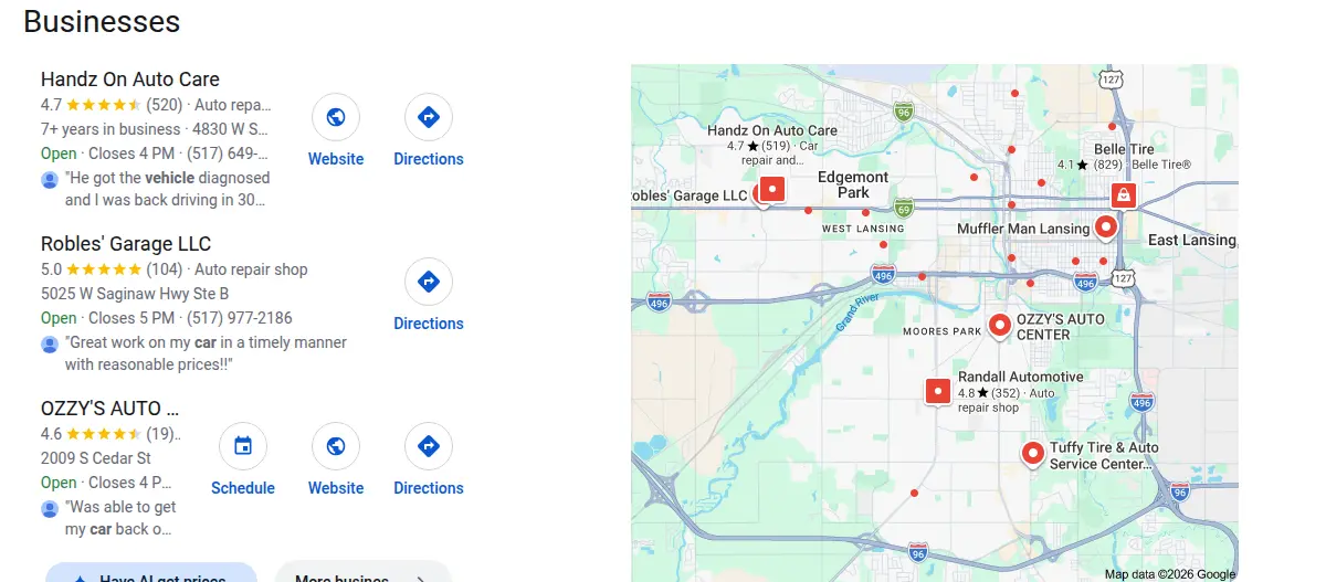 Google map results for auto repair lansing mi searched from Lansing, Michigan