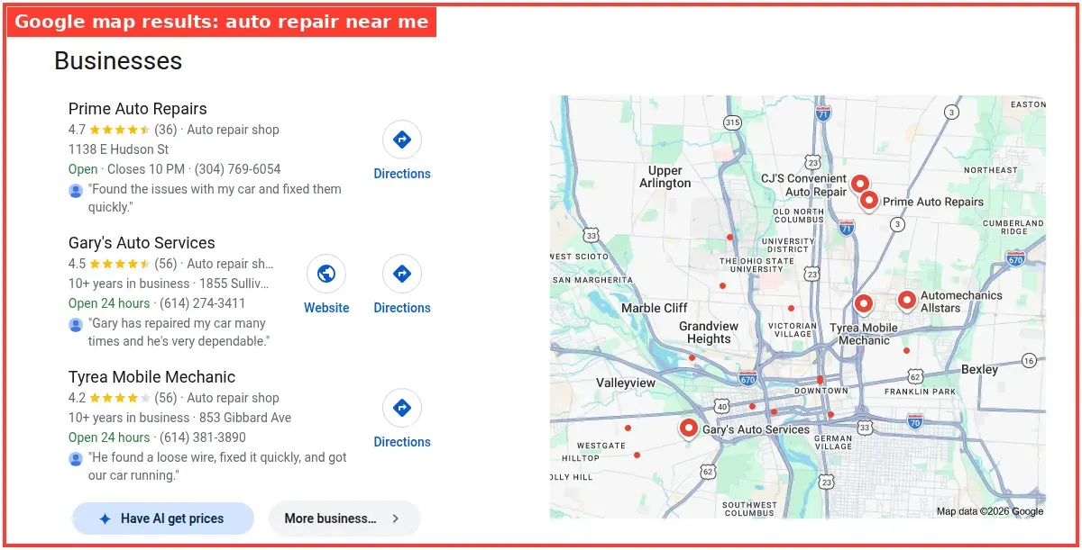 Google map results for auto repair near me searched from Columbus, Ohio