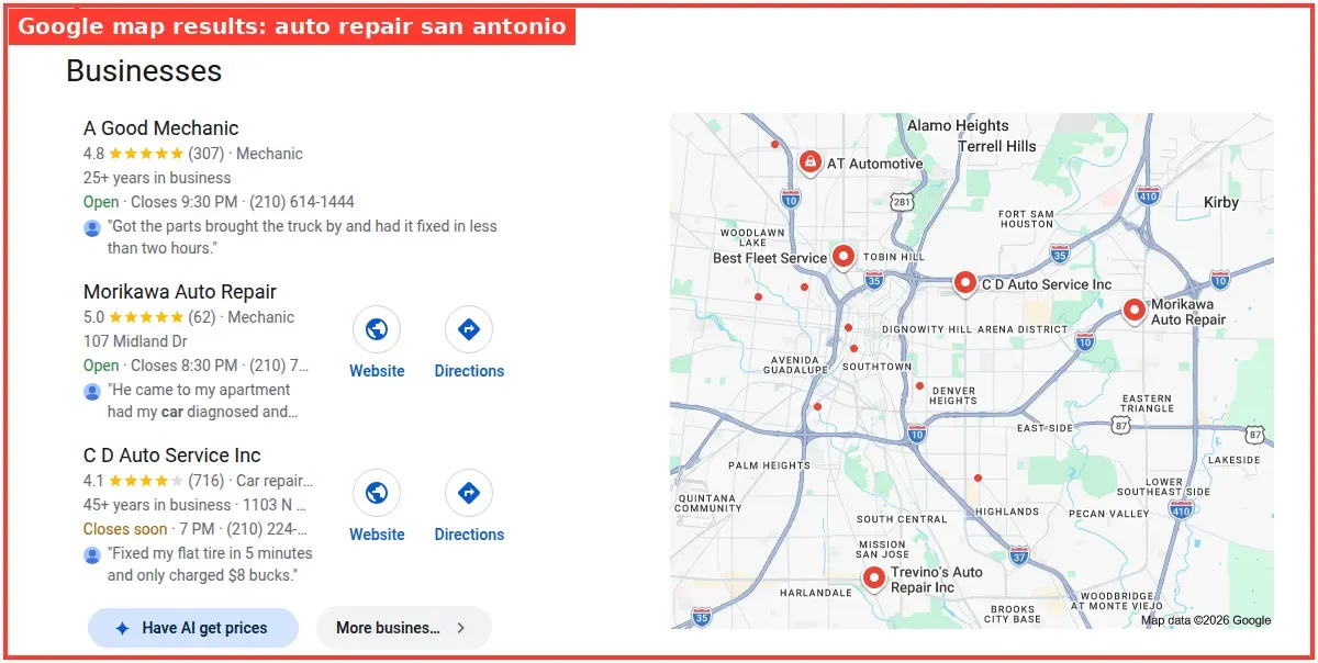 Google map results for auto repair san antonio searched from San Antonio, Texas
