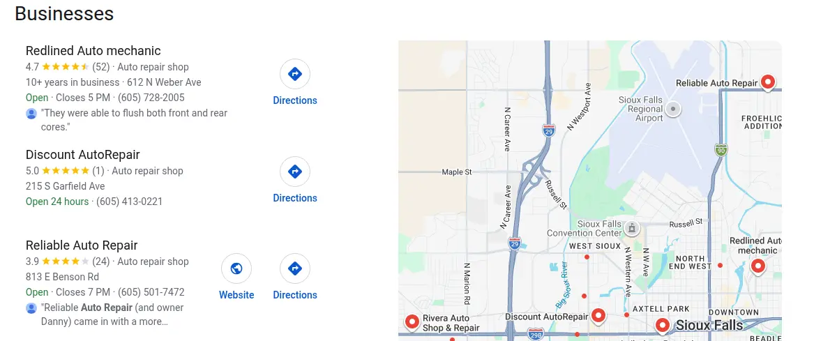 Google map results for auto repair sioux falls sd searched from Sioux Falls, South Dakota