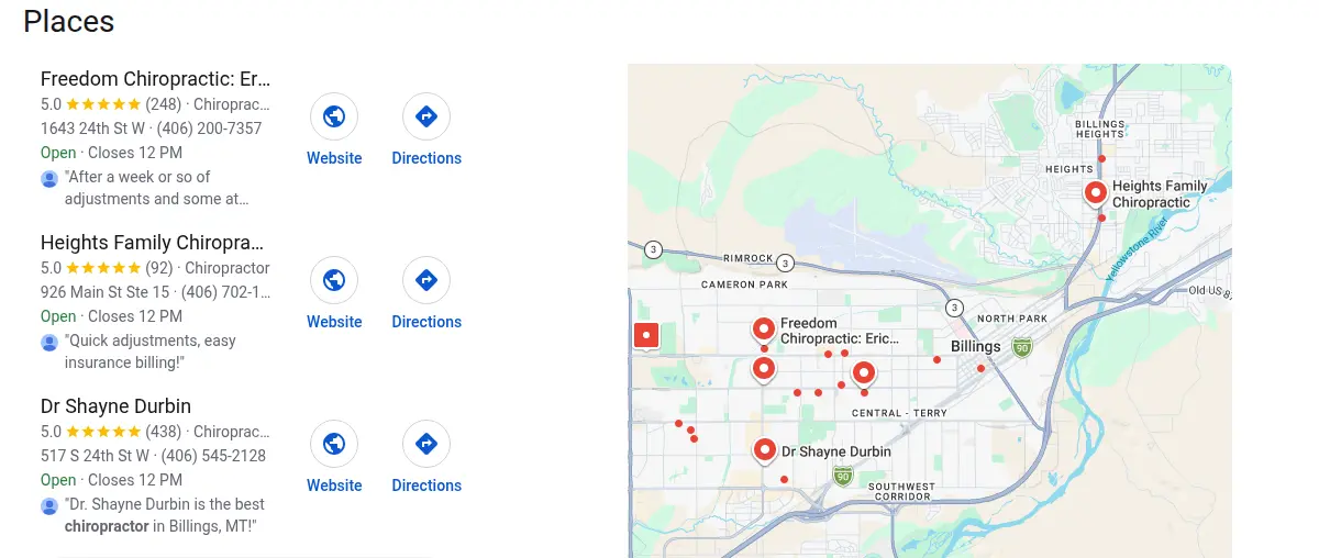 Google map results for chiropractor billings searched from Billings, Montana