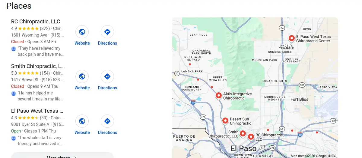 Google map results for chiropractor el paso searched from El Paso, Texas