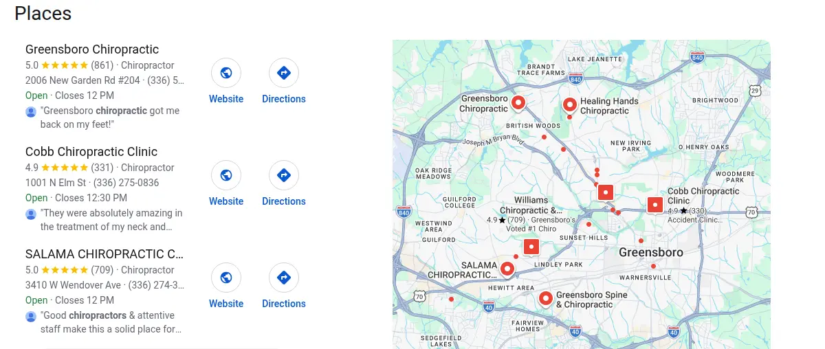 Google map results for chiropractor greensboro searched from Greensboro, North Carolina