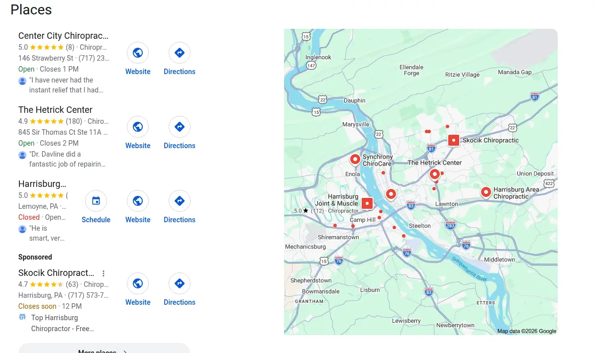 Google map results for chiropractor harrisburg pa searched from Harrisburg, Pennsylvania