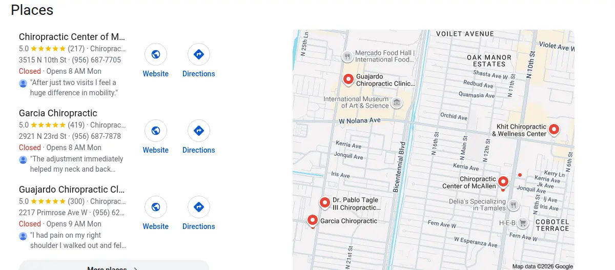 Google map results for chiropractor mcallen tx searched from McAllen, Texas
