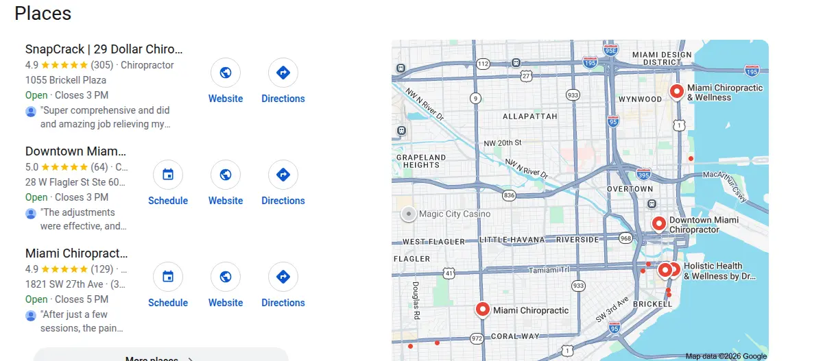 Google map results for chiropractor miami fl searched from Miami, Florida