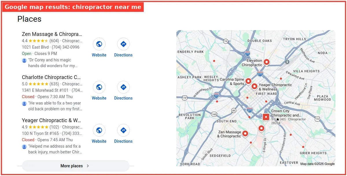 Google map results for chiropractor near me searched from Charlotte, North Carolina