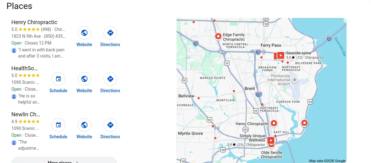 Google map results for chiropractor pensacola searched from Pensacola, Florida