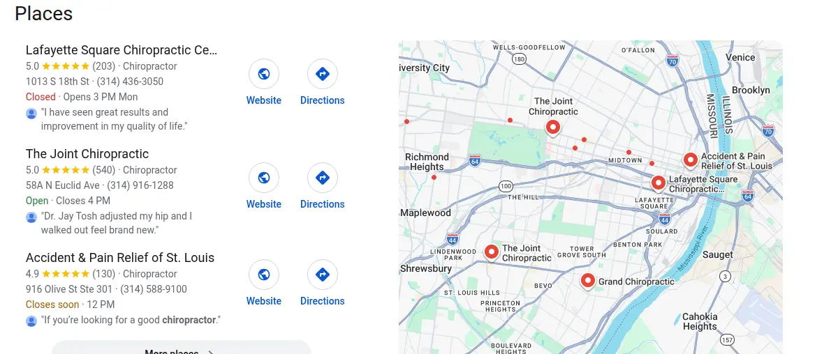 Google map results for chiropractor st louis mo searched from St. Louis, Missouri