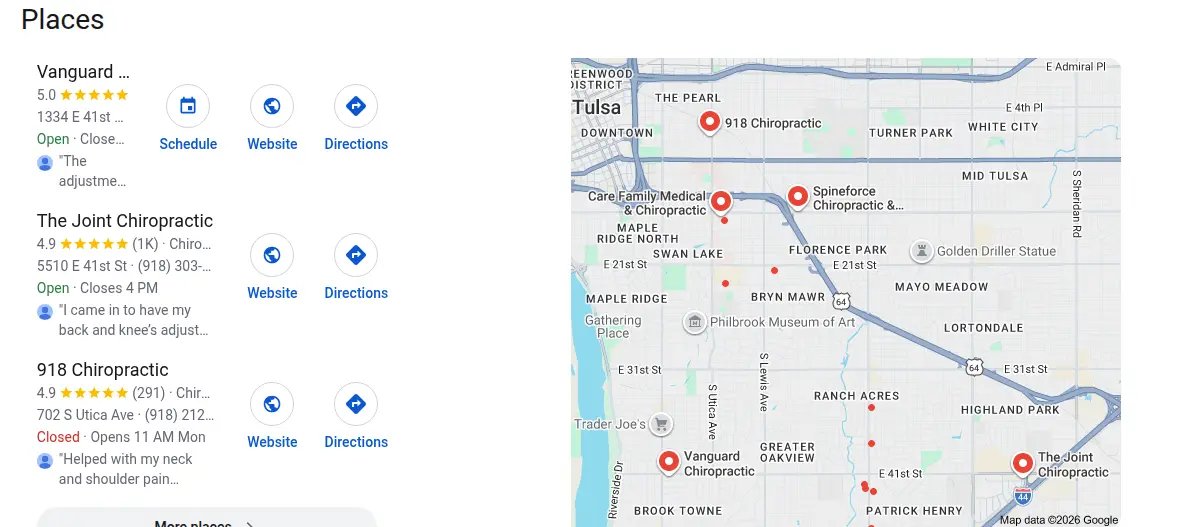 Google map results for chiropractor tulsa ok searched from Tulsa, Oklahoma