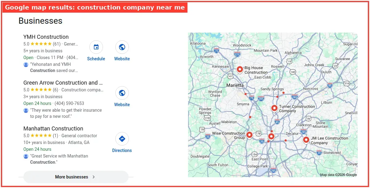 Google map results for construction company near me searched from Atlanta, Georgia