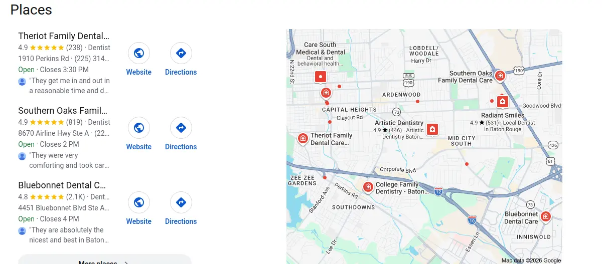 Google map results for dentist baton rouge searched from Baton Rouge, Louisiana