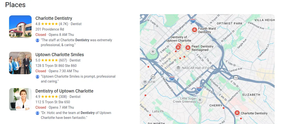 Google map results for dentist charlotte searched from Charlotte, North Carolina