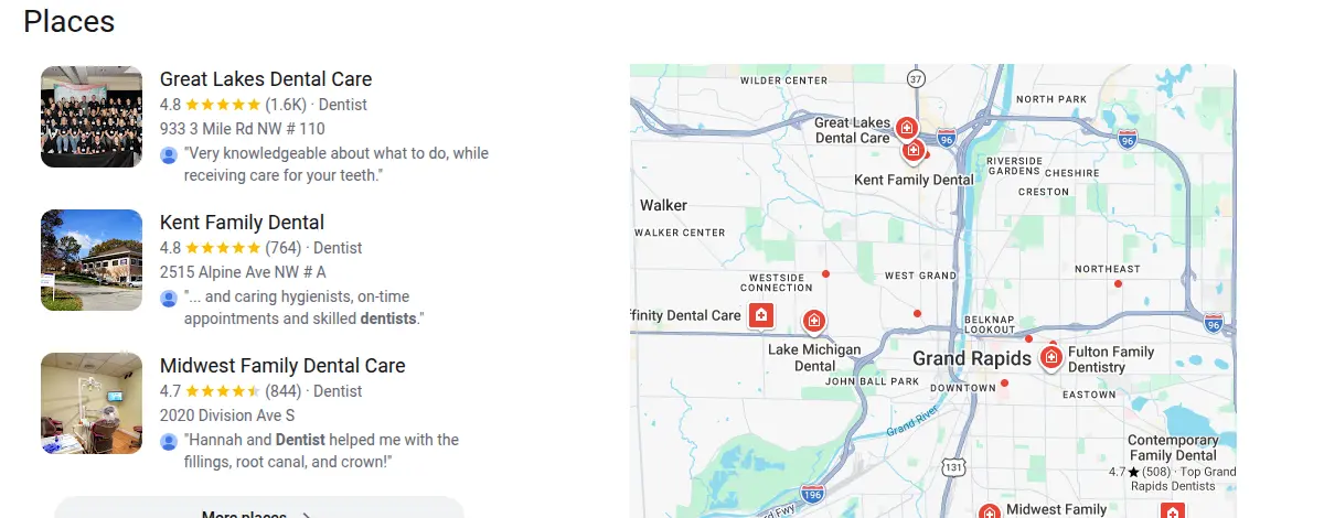 Google map results for dentist grand rapids searched from Grand Rapids, Michigan