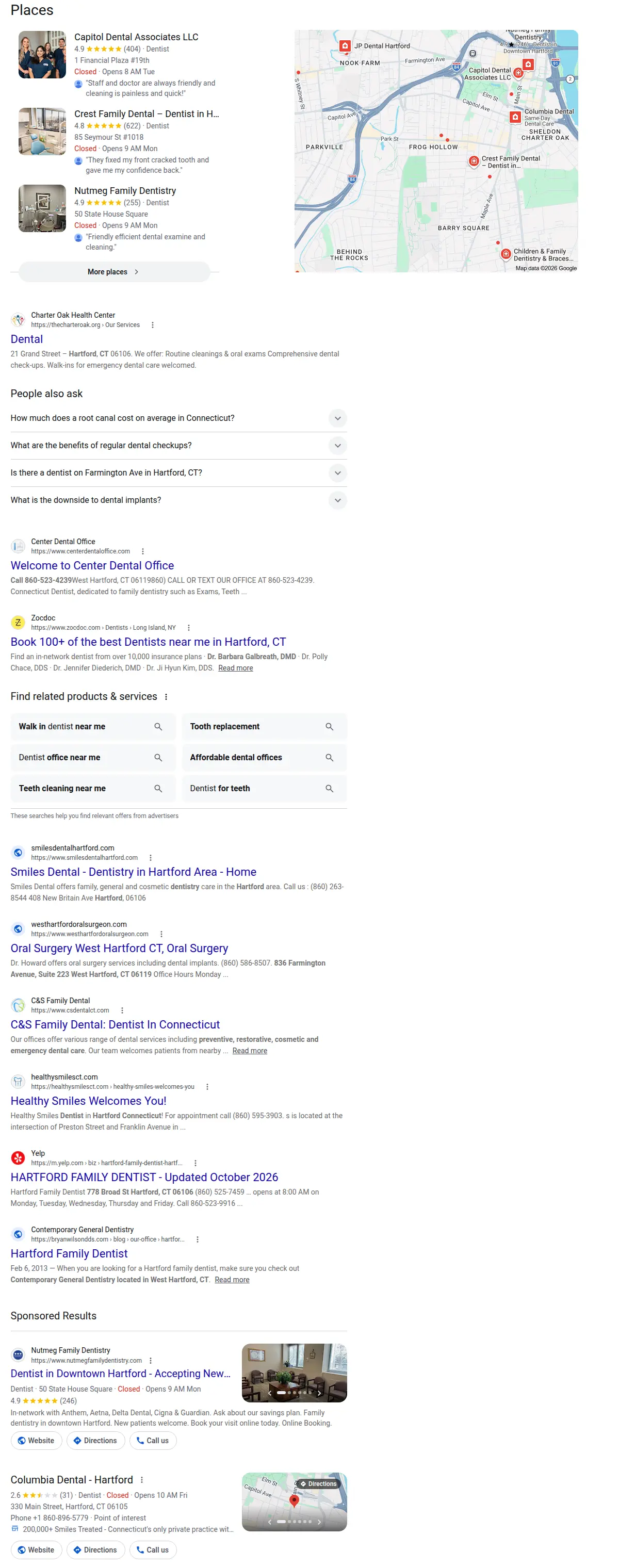 Google map results for dentist hartford ct searched from Hartford, Connecticut