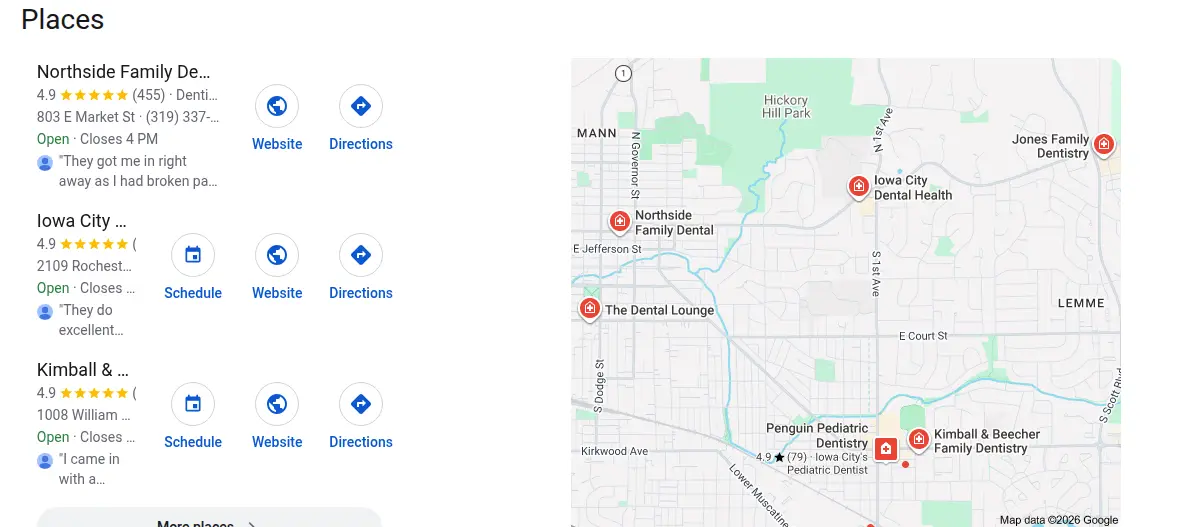 Google map results for dentist iowa city searched from Iowa City, Iowa