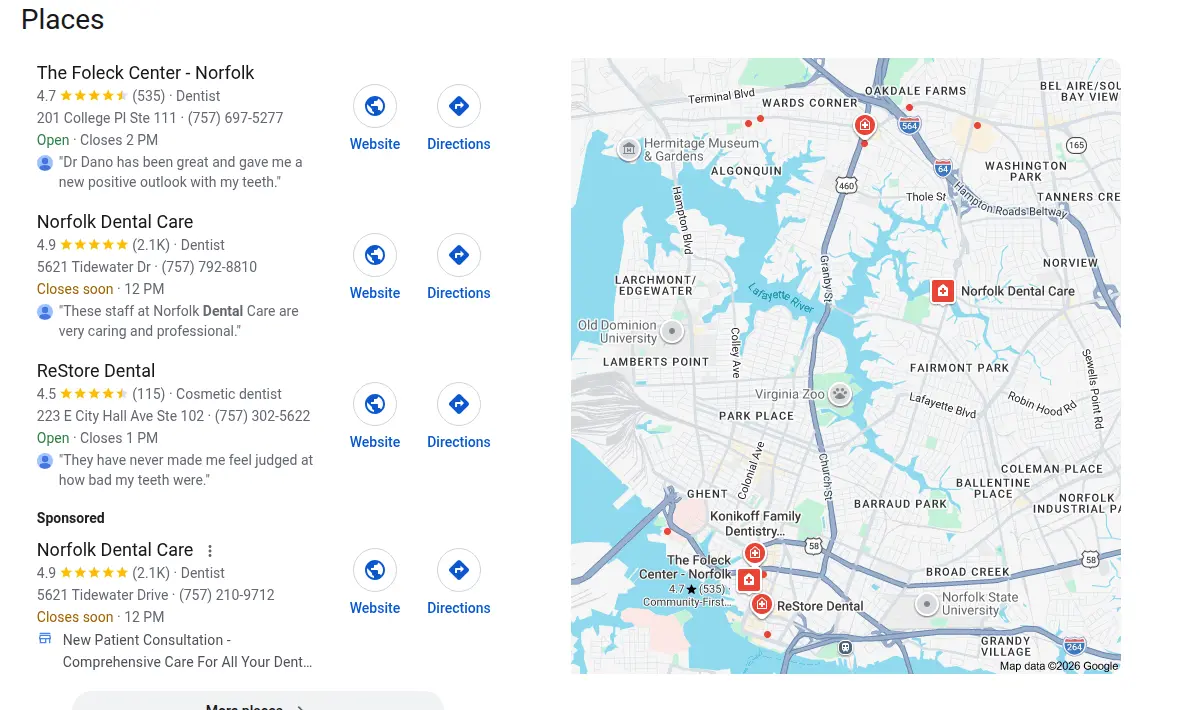 Google map results for dentist norfolk va searched from Norfolk, Virginia