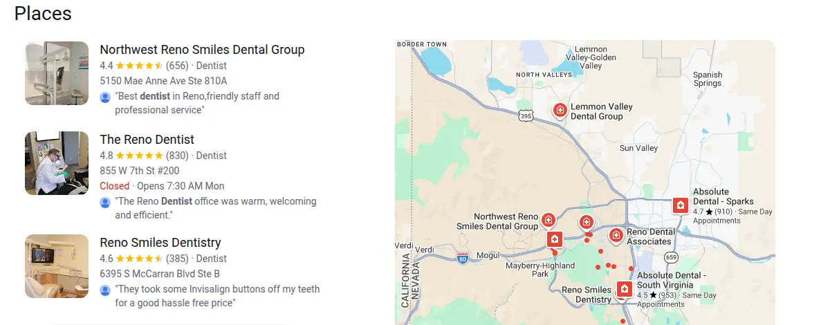 Google map results for dentist reno nv searched from Reno, Nevada