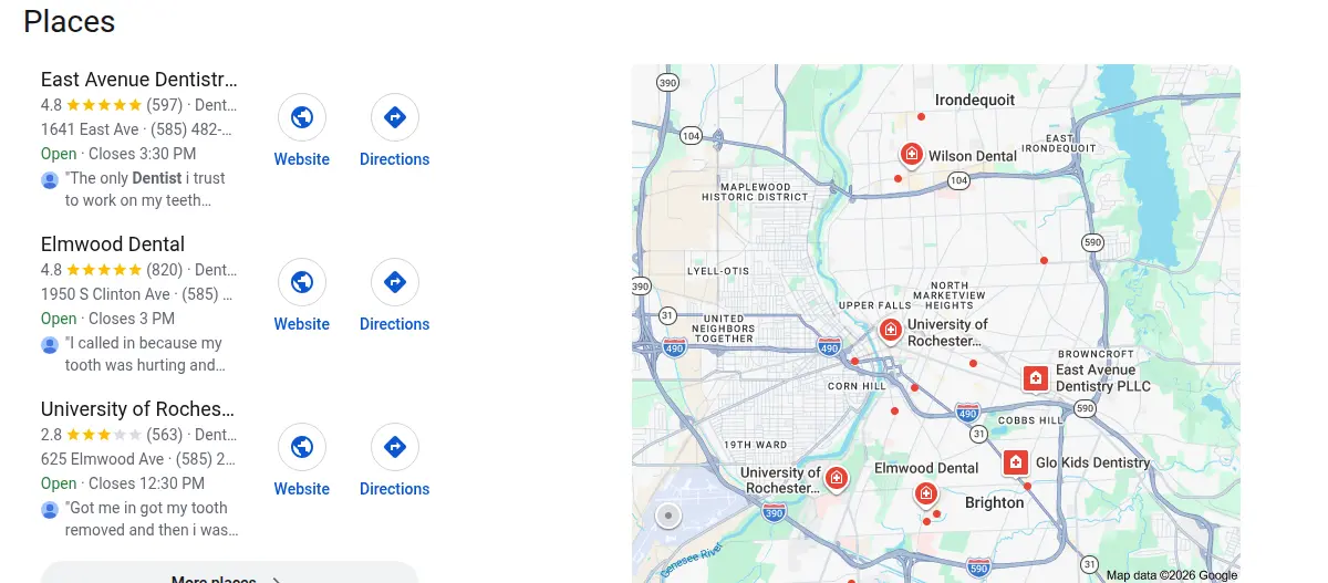 Google map results for dentist rochester ny searched from Rochester, New York