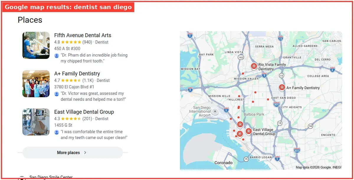 Google map results for dentist san diego searched from San Diego, California