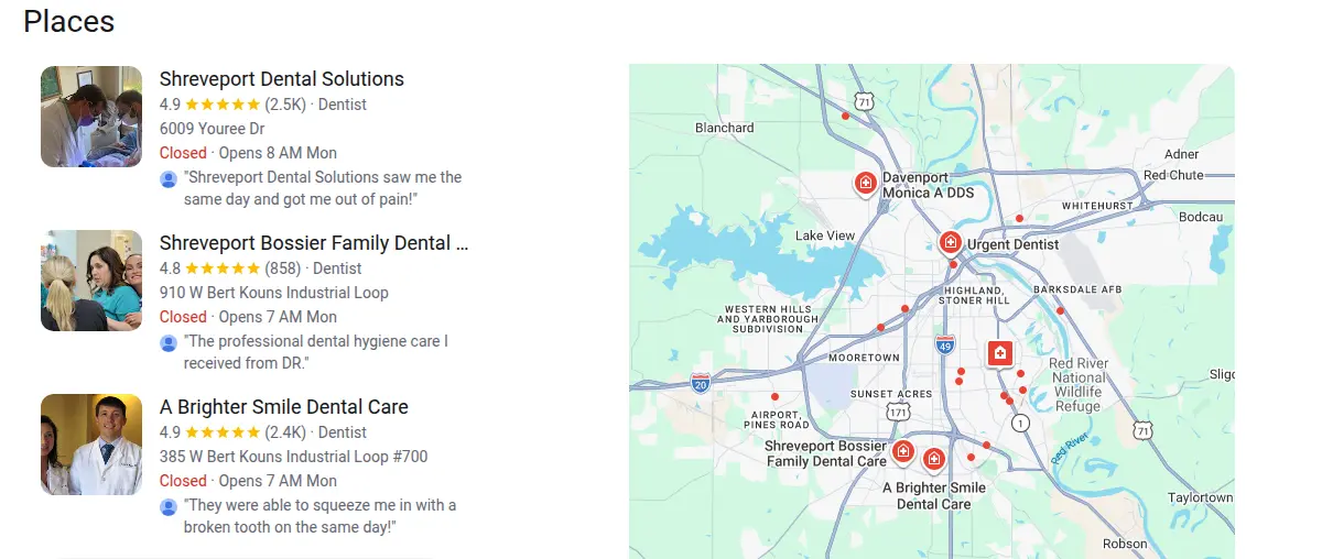 Google map results for dentist shreveport la searched from Shreveport, Louisiana