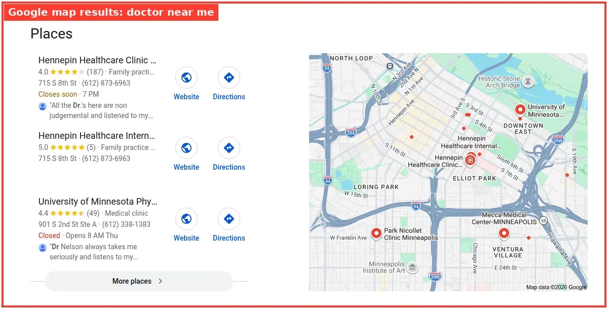 Google map results for doctor near me searched from Minneapolis, Minnesota