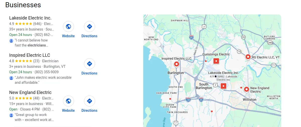 Google map results for electrician burlington searched from Burlington, Vermont