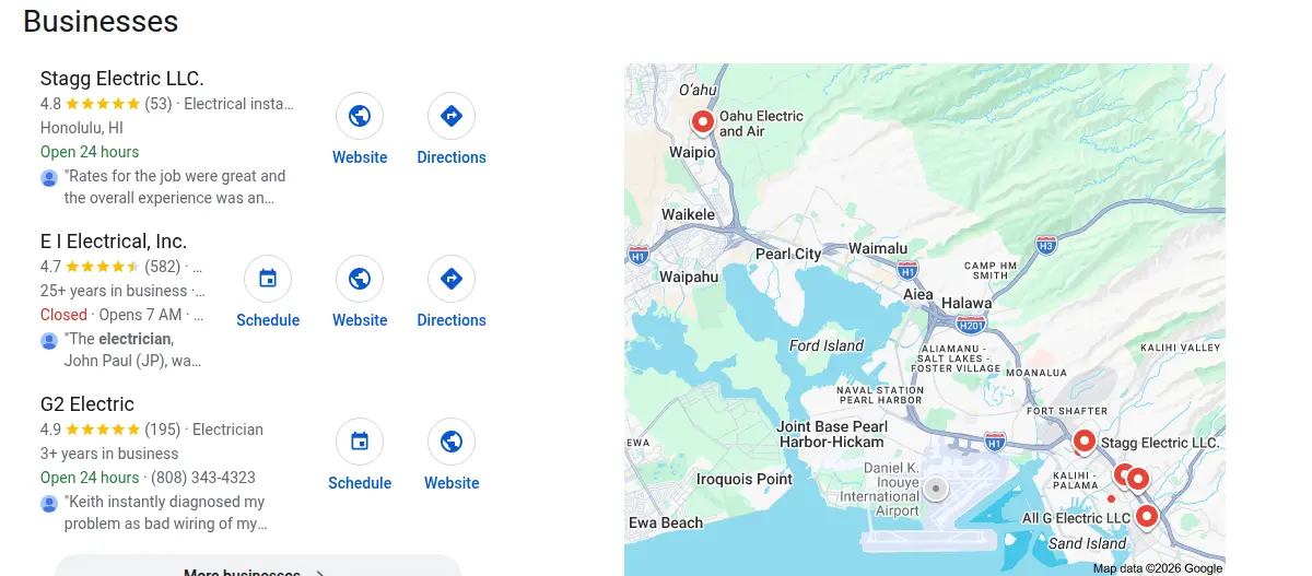 Google map results for electrician honolulu searched from Honolulu, Hawaii