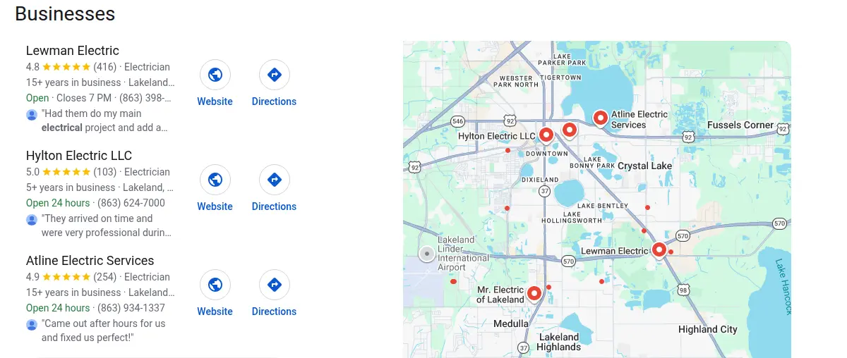 Google map results for electrician lakeland fl searched from Lakeland, Florida