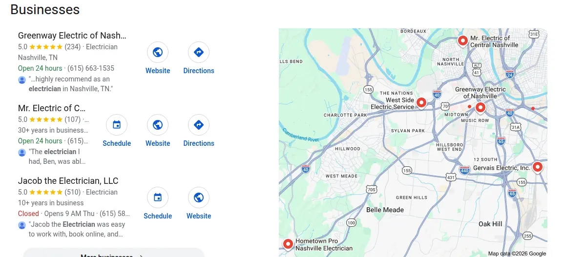 Google map results for electrician nashville searched from Nashville, Tennessee