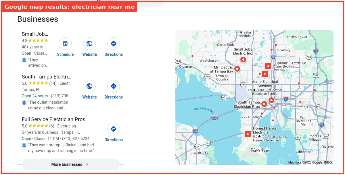 Google map results for electrician near me searched from Tampa, Florida