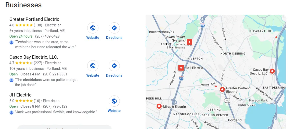 Google map results for electrician portland searched from Portland, Maine