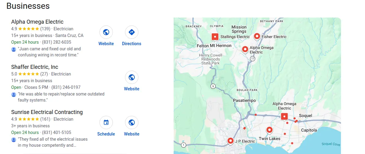 Google map results for electrician santa cruz searched from Santa Cruz, California