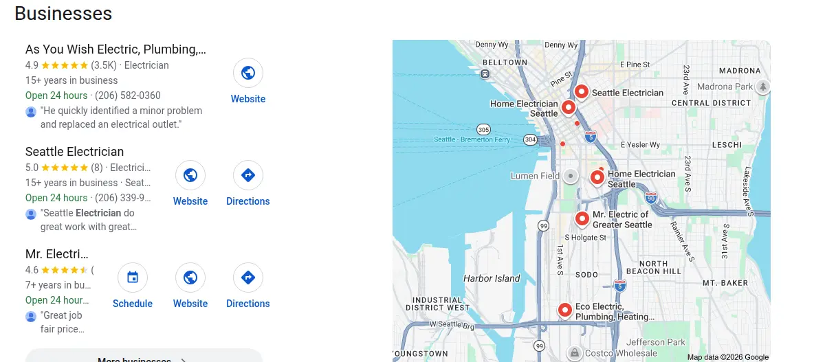 Google map results for electrician seattle searched from Seattle, Washington