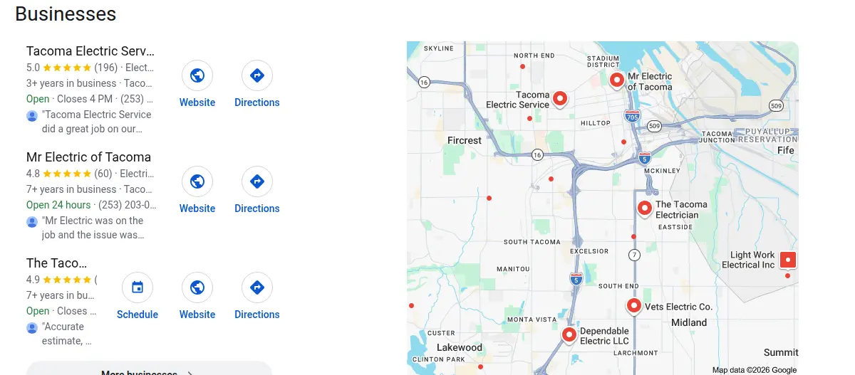 Google map results for electrician tacoma searched from Tacoma, Washington