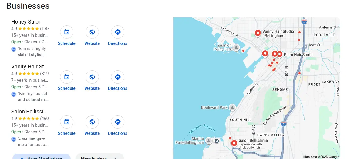 Google map results for hair salon bellingham wa searched from Bellingham, Washington