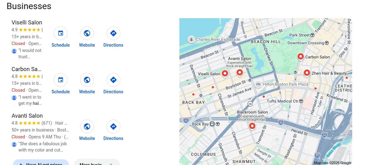 Google map results for hair salon boston searched from Boston, Massachusetts