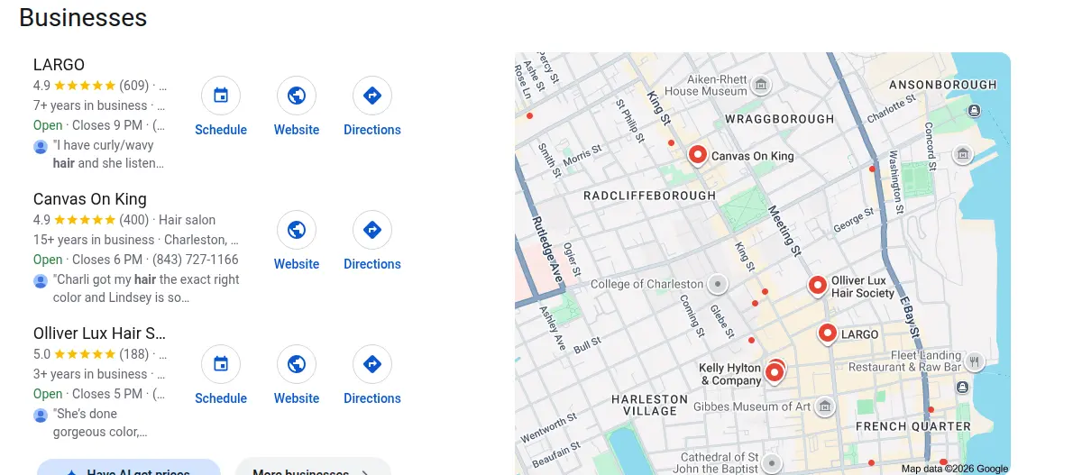 Google map results for hair salon charleston searched from Charleston, South Carolina
