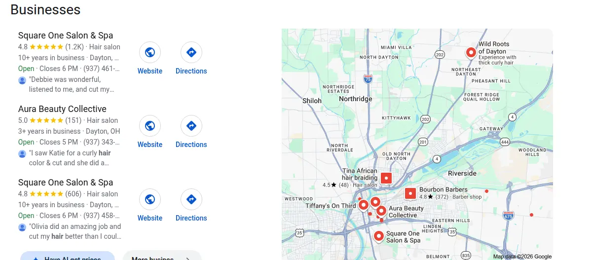 Google map results for hair salon dayton ohio searched from Dayton, Ohio