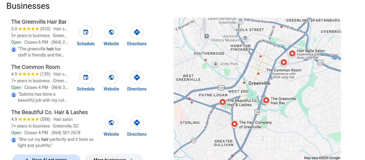 Google map results for hair salon greenville sc searched from Greenville, South Carolina