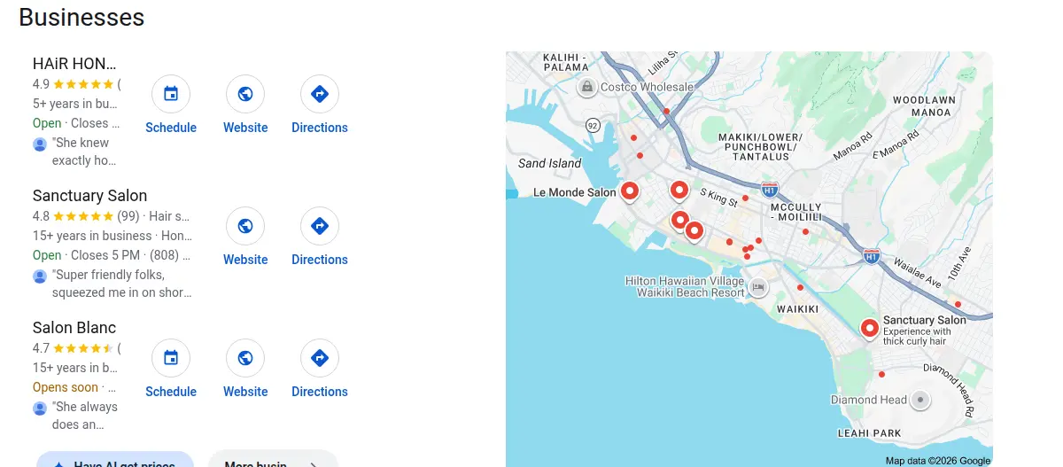 Google map results for hair salon honolulu hi searched from Honolulu, Hawaii