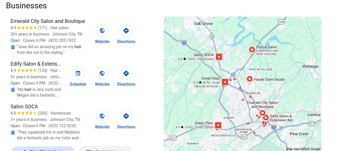 Google map results for hair salon johnson city tn searched from Johnson City, Tennessee