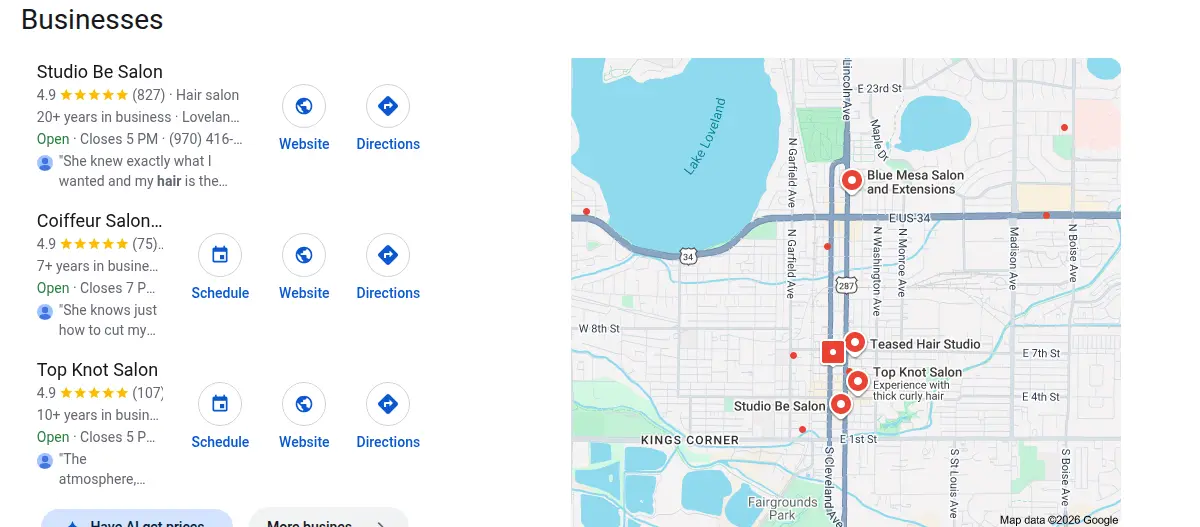 Google map results for hair salon loveland co searched from Loveland, Colorado