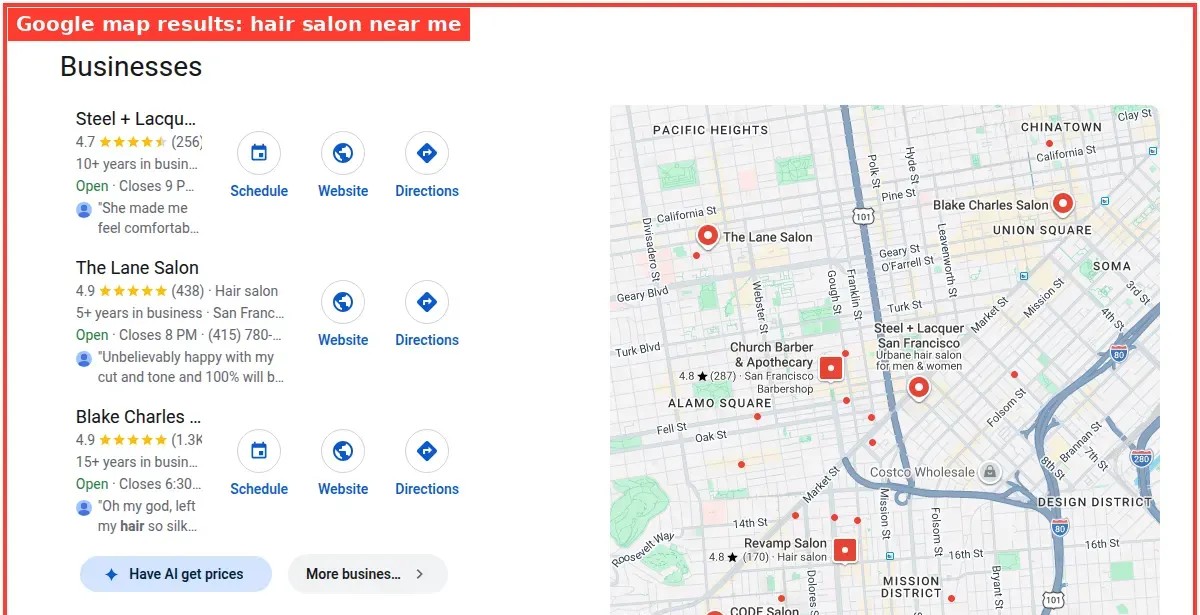 Google map results for hair salon near me searched from San Francisco, California
