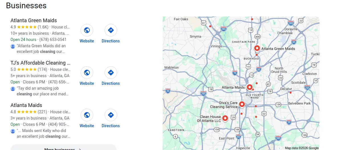 Google map results for house cleaning atlanta searched from Atlanta, Georgia